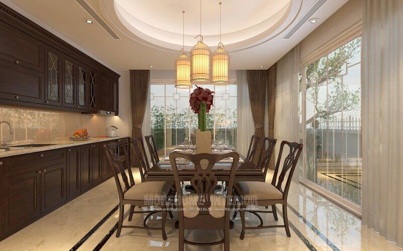 Tủ bếp gỗ tự nhiên nhập khẩu với tone màu nâu chủ đạo vừa mang lại sự ấm cúng vừa tạo nên một gian bếp sang trọng và đẳng cấp hơn cả