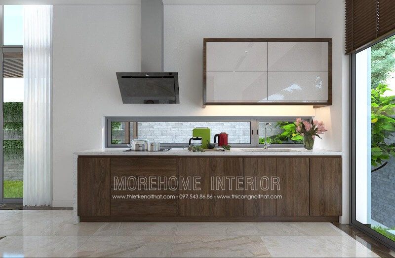 Thiết kế tủ bếp gỗ óc chó cao cấp kết hợp Acrylic là sự lựa chọn lý tưởng cho các không gian nhỏ khiến căn bếp biệt thự như rộng thoáng hơn so với thực tế mà vẫn toát lên vẻ sang trọng, đẳng cấp