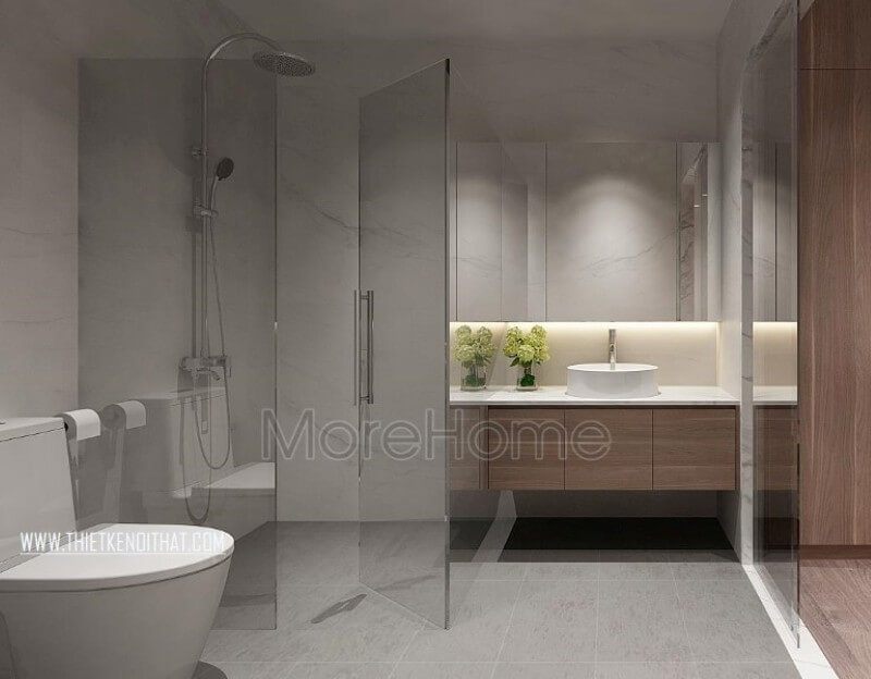 Với lối thiết kế nhẹ nhàng, đơn giản mà không quá tỉ mỉ vào từng chi tiết nhỏ, không gian phòng tắm chung cư hiện đại mà vẫn đảm bảo tính tiện nghi cho người sử dụng