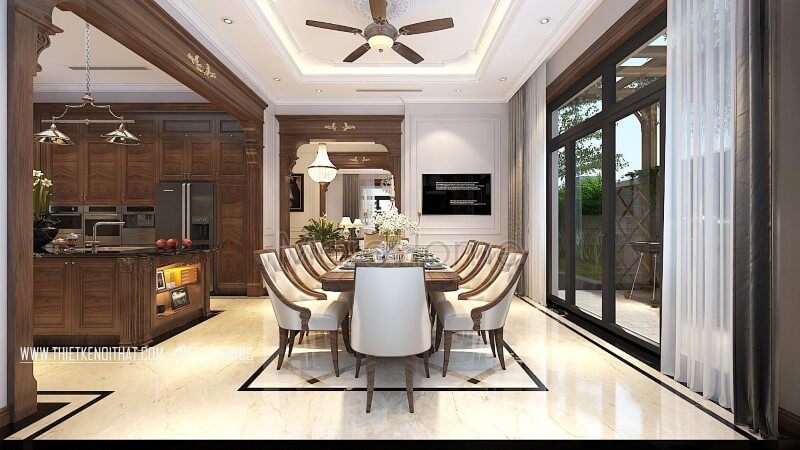 Bộ bàn ăn 10 ghế gỗ óc chó bọc da đẹp cao cấp cho nhà biệt thự Vinhomes Greenbay Hà Nội