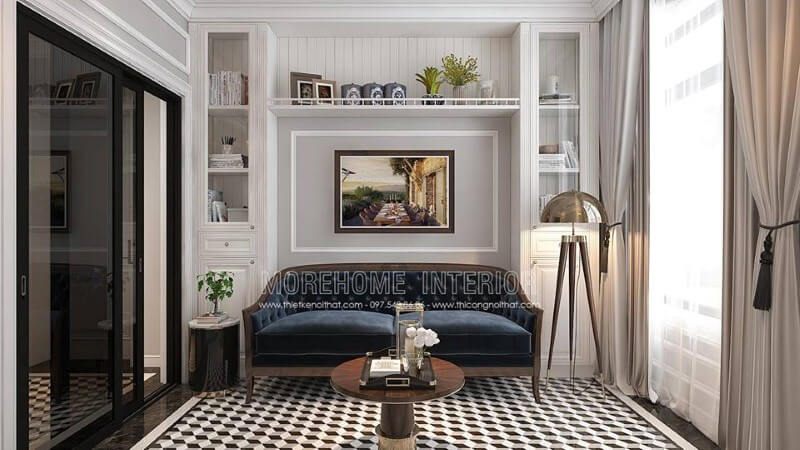 Kệ trang trí cùng ghế sofa được sắp xếp khá hợp lý giúp không gian vừa trở nên thông thoáng nhưng lại tạo điểm nhấn ấn tượng, độc đáo cho phòng đọc sách.