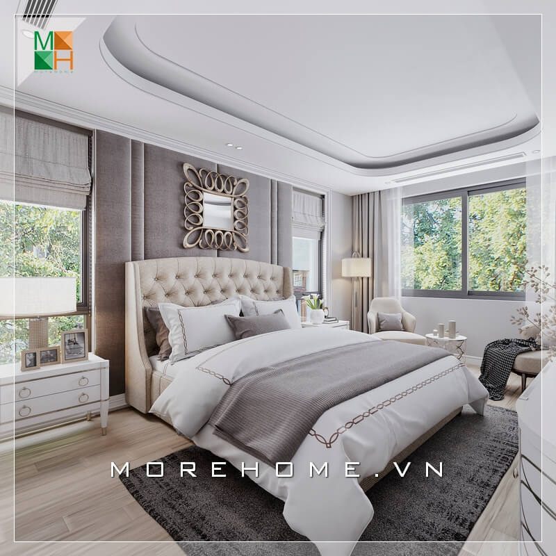Nệm ốp tường màu ghi trang nhã tạo thêm vẻ sang trọng đẳng cấp cho căn phòng ngủ biệt thự, nhà phố.